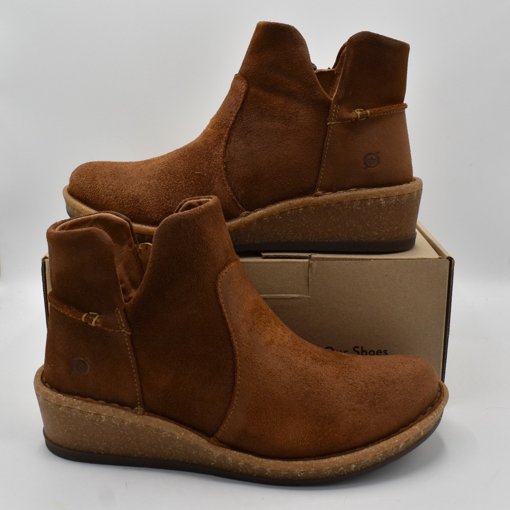 Born Women Size 8 Viv Brown Distressed Leather Zip Western Wedge Booties Boots - Picture 9 of 13